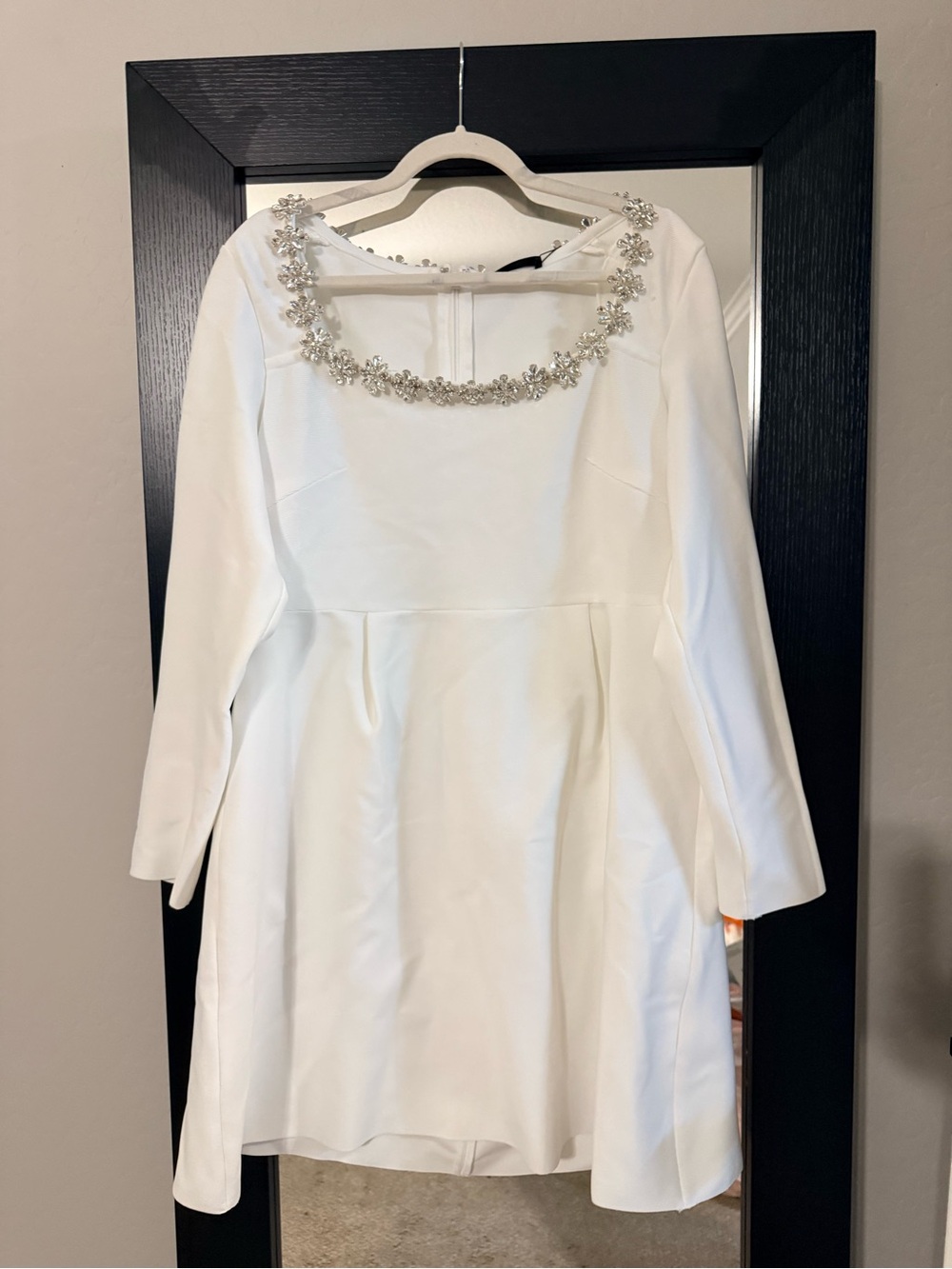 Embellished White Long-Sleeve A-Line Dress